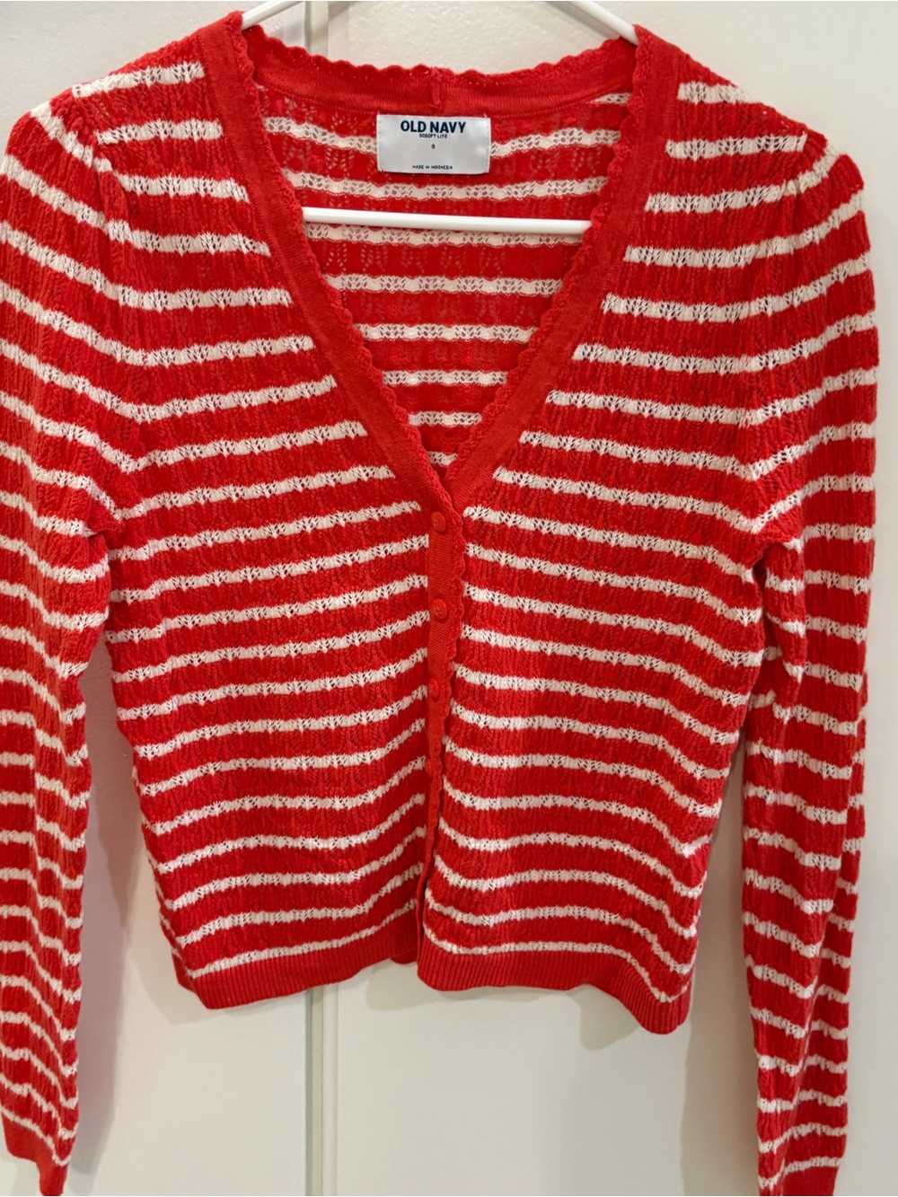 Old Navy Red and White Striped V-Neck Sweater Cardigan